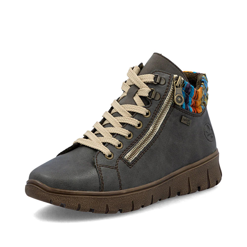 Rieker Women's Heike 05 Mid Side Zip Lace Waterproof Boot in Basalt