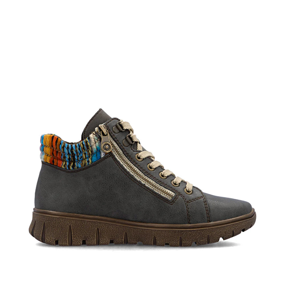 Rieker Women's Heike 05 Mid Side Zip Lace Waterproof Boot in Basalt