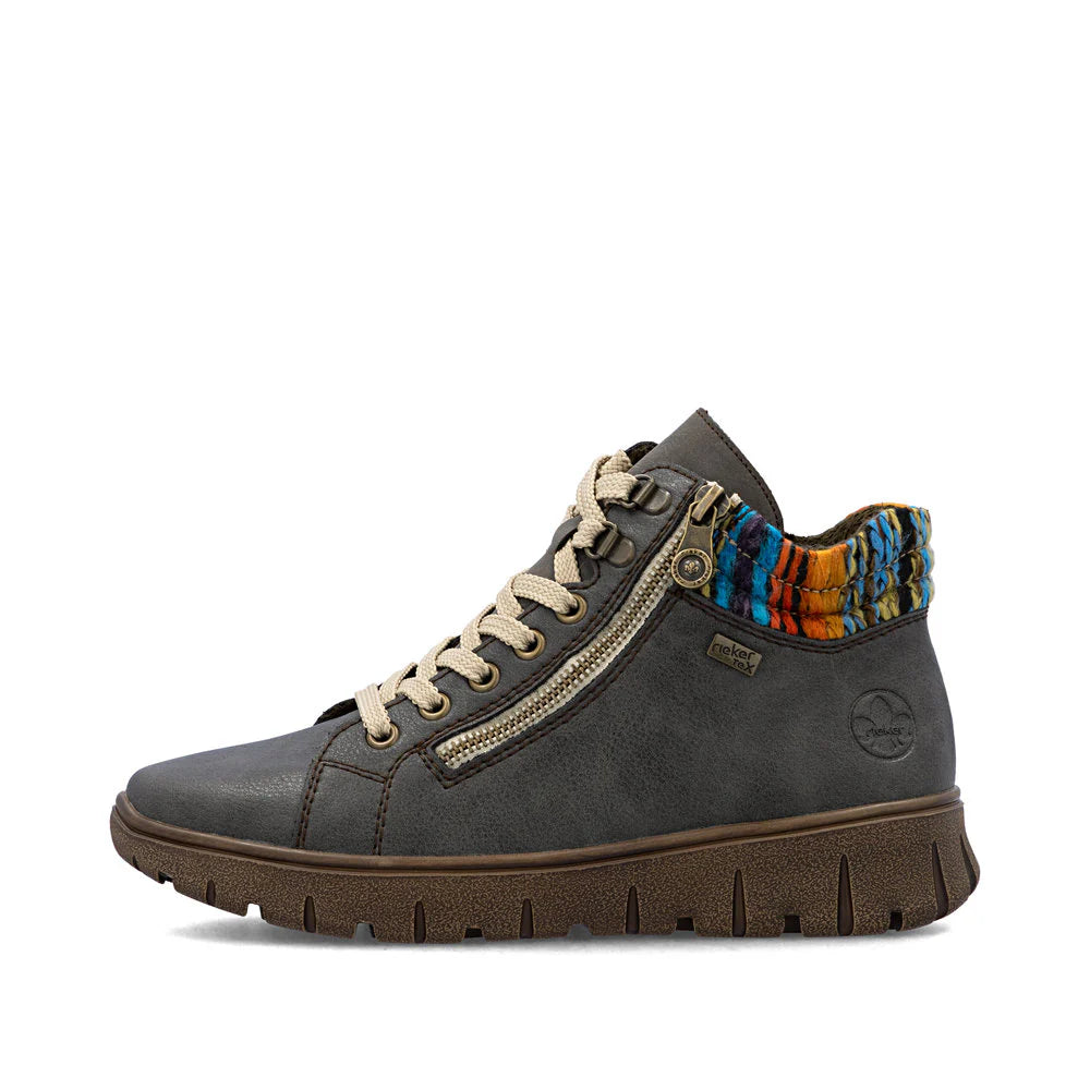 Rieker Women's Heike 05 Mid Side Zip Lace Waterproof Boot in Basalt