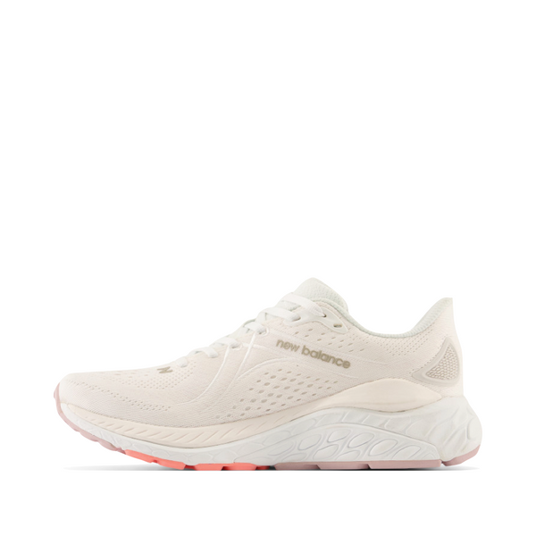 New Balance Women's Fresh Foam X 860v13 Sneaker in White with Light Gold Metallic and Grapefruit