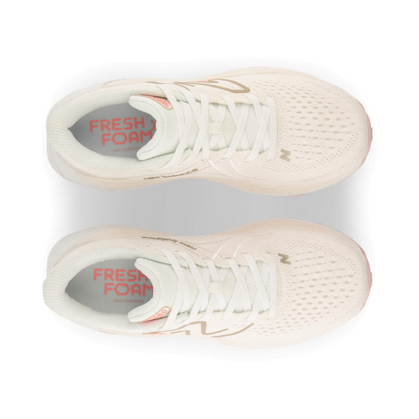 New Balance Women's Fresh Foam X 860v13 Sneaker in White with Light Gold Metallic and Grapefruit