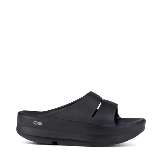 Side (right) view of OOfos OOmega OOahh Slide Sandal for women.