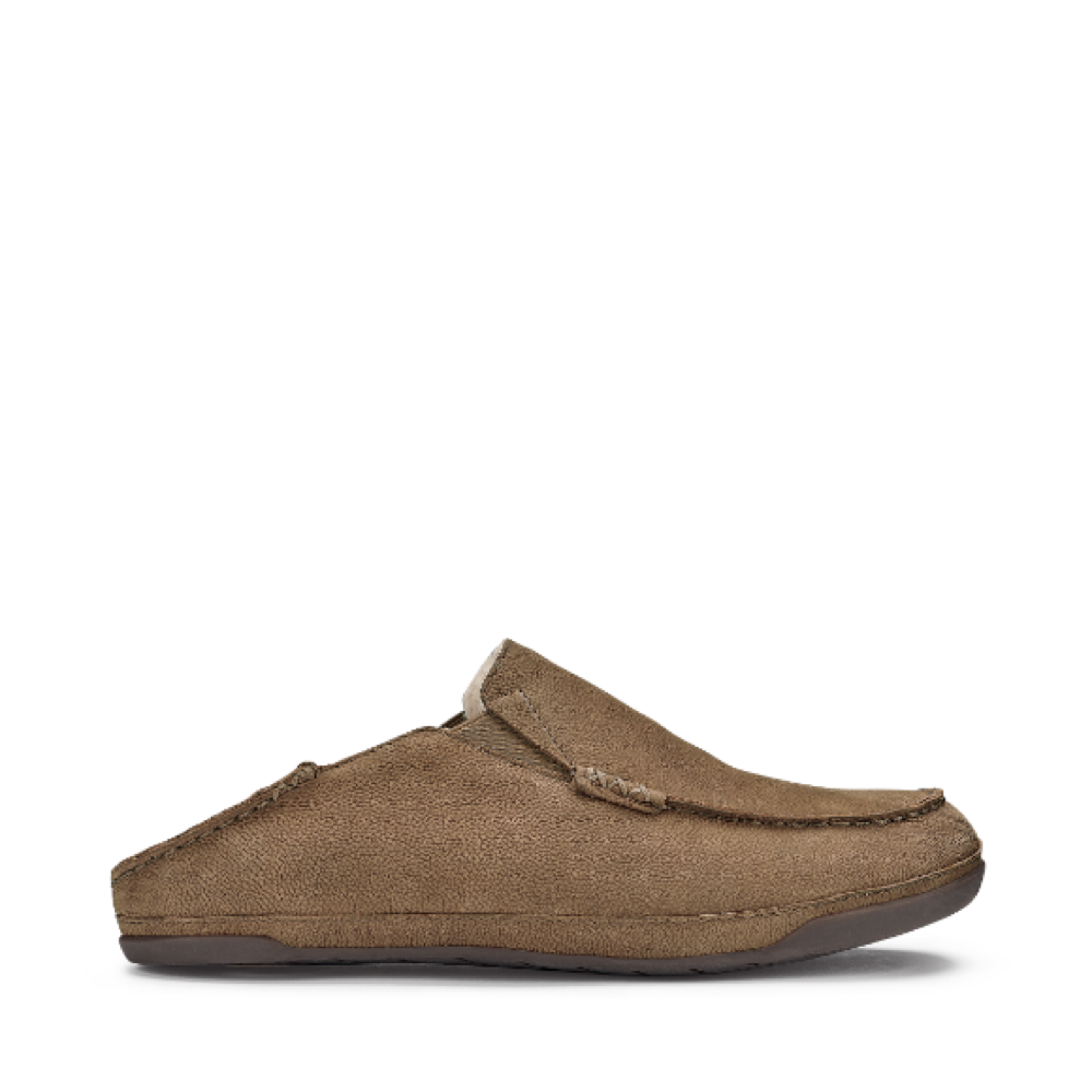 Side (right)  view of OluKai Kipuka Hulu Slipper for men with back down.