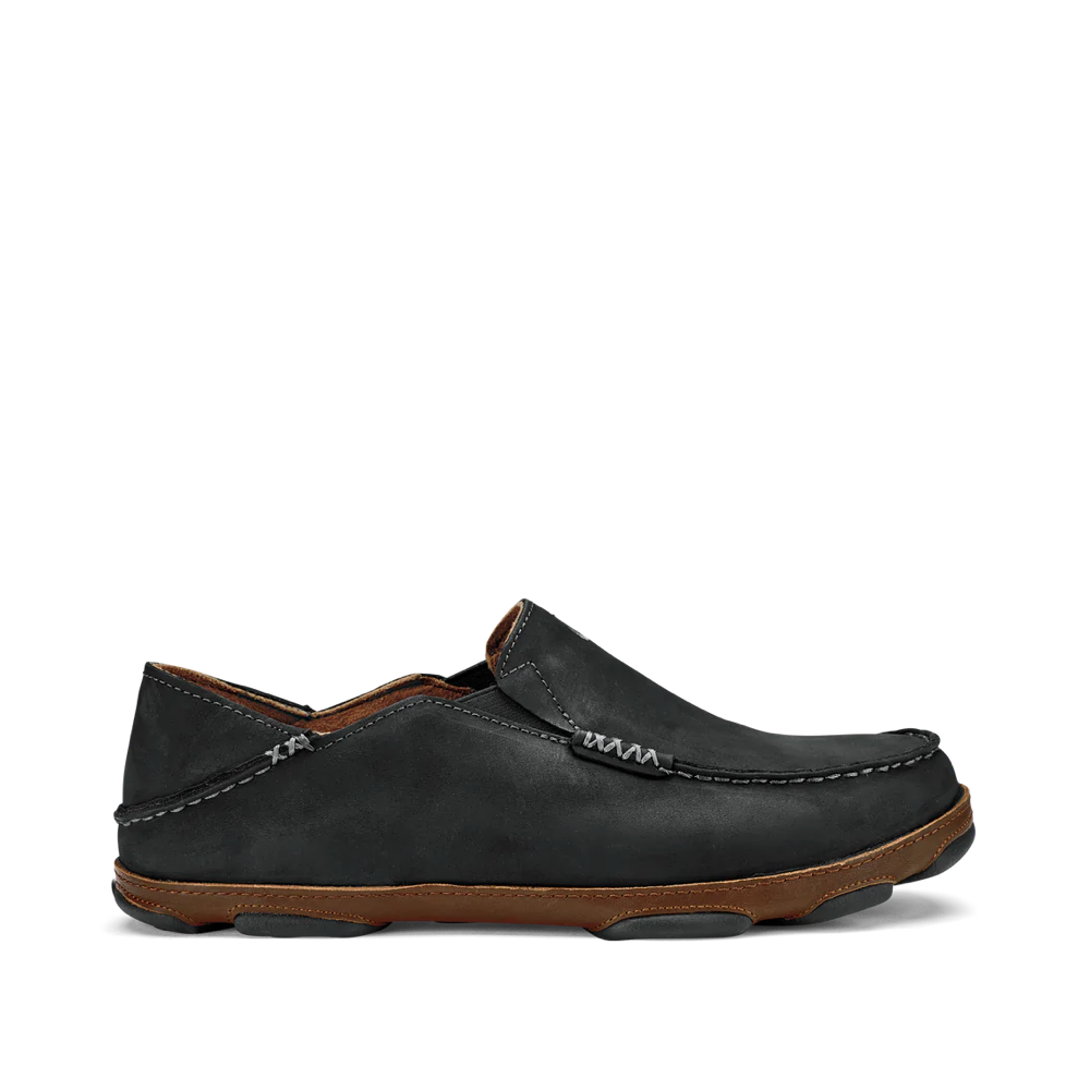 Side (right) view of OluKai Moloa Moc Leather Slip On Shoe for men.