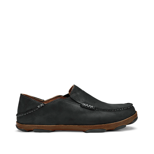 Side (right) view of OluKai Moloa Moc Leather Slip On Shoe for men.