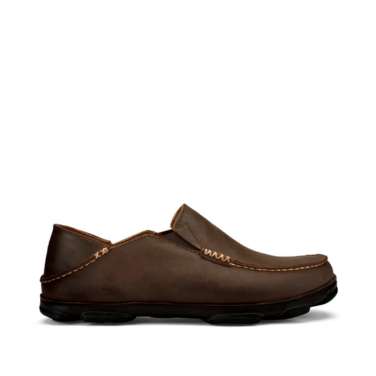 OluKai Men's Moloa Moc Leather Slip On Shoes in Dark Wood Brown