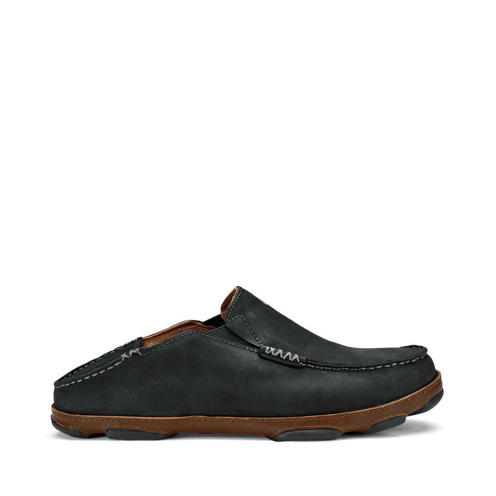 Side (right) view of OluKai Moloa Moc Leather Slip On Shoe for men with back down.