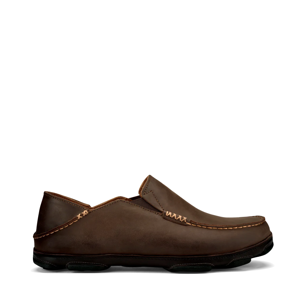 Side (right) view of OluKai Moloa Moc Leather Slip On Shoes for men.