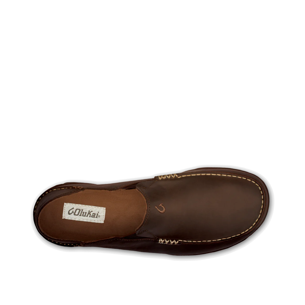 Top-down view of OluKai Moloa Moc Leather Slip On Shoes for men.