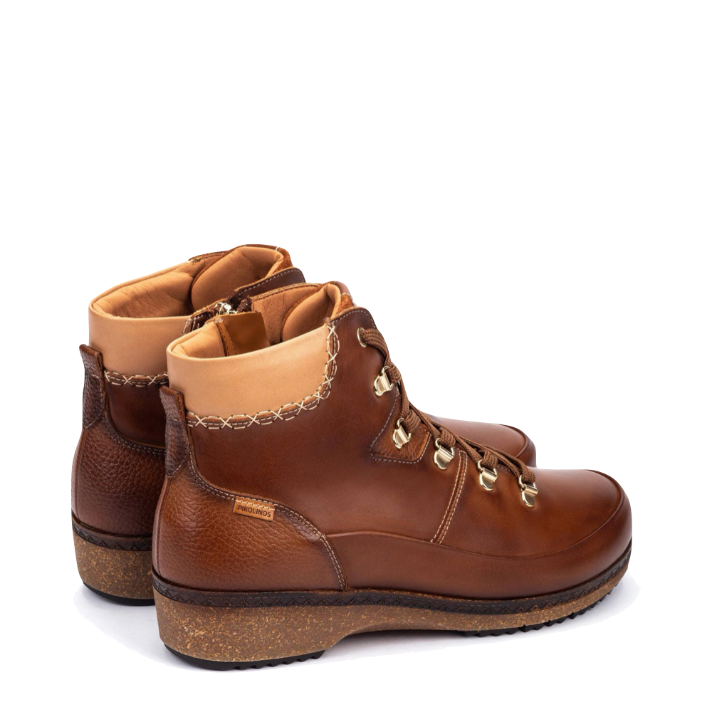 Heel view of Pikolinos Granada Side Zip Leather Lace Boot for women.