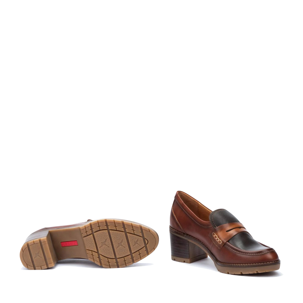 Bottom and side view of Pikolinos Llanes Heeled Leather Loafer for women.