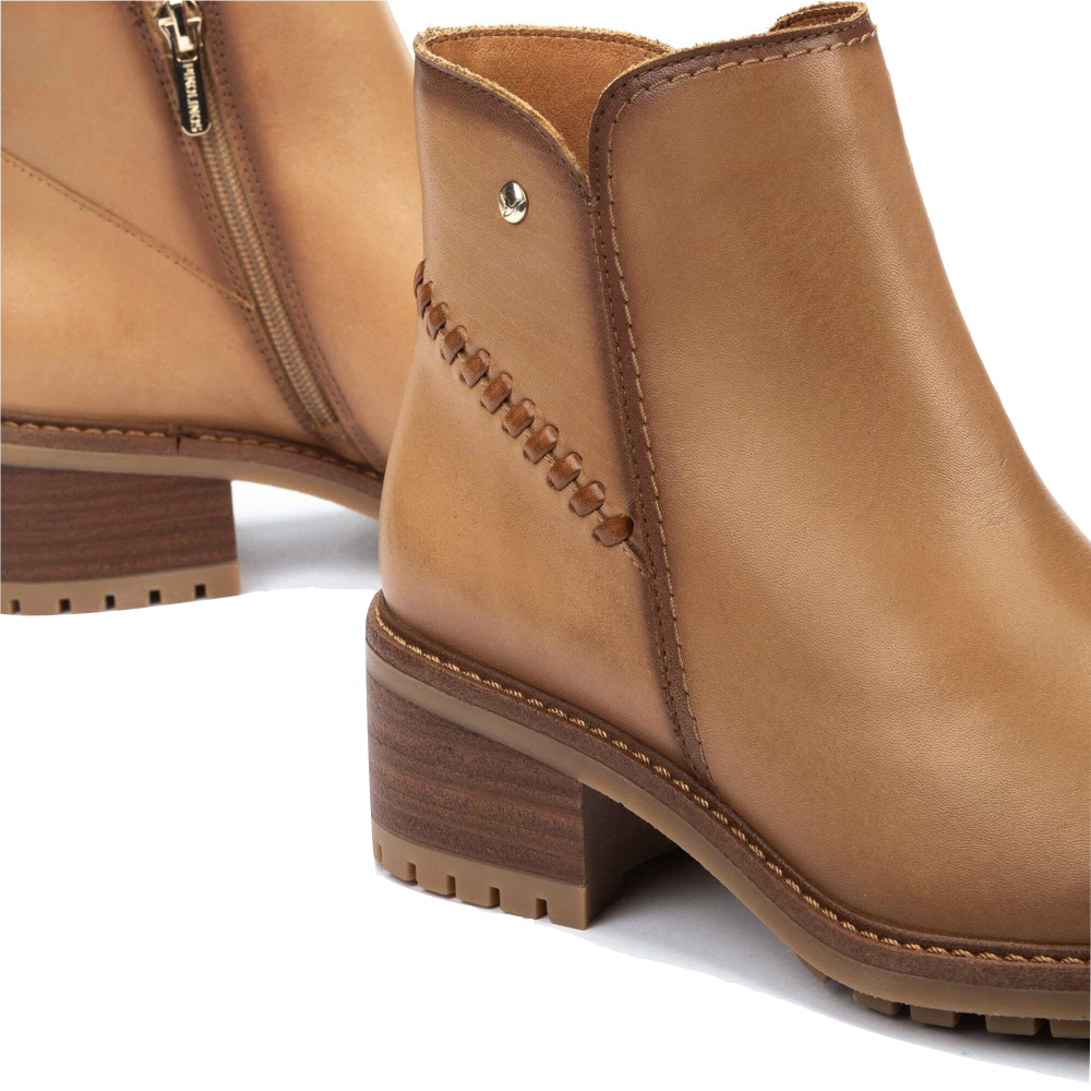 Detail view of Pikolinos Medina Side Zip Heeled Leather Boot for women.
