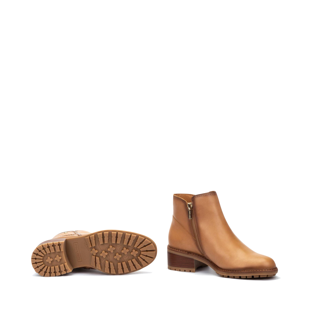 Bottom and side view of Pikolinos Medina Side Zip Heeled Leather Boot for women.