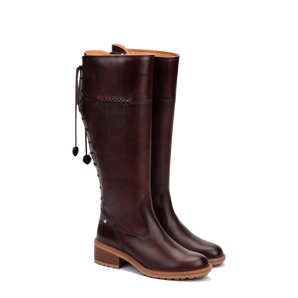 Toe view of Pikolinos Medina Tall Leather Heeled Back Lace Boot for women.