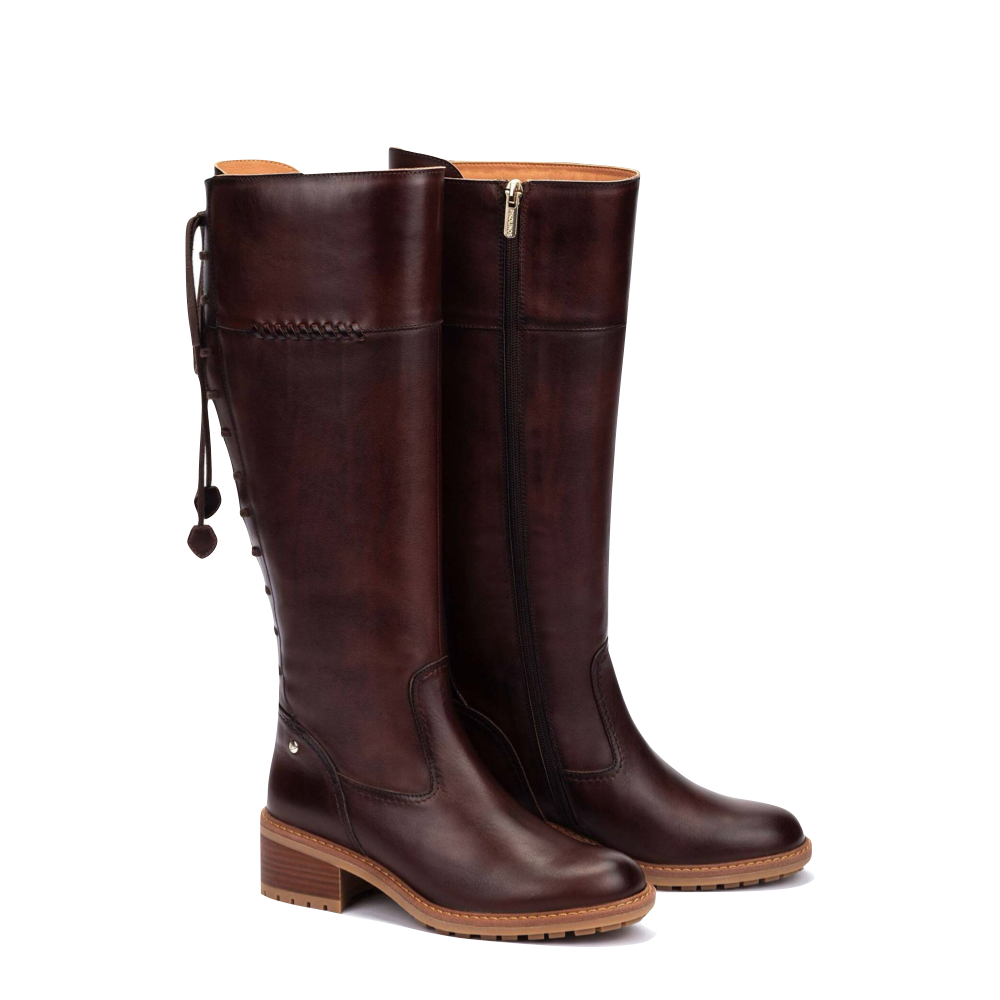 Toe view of Pikolinos Medina Tall Leather Heeled Back Lace Boot for women.