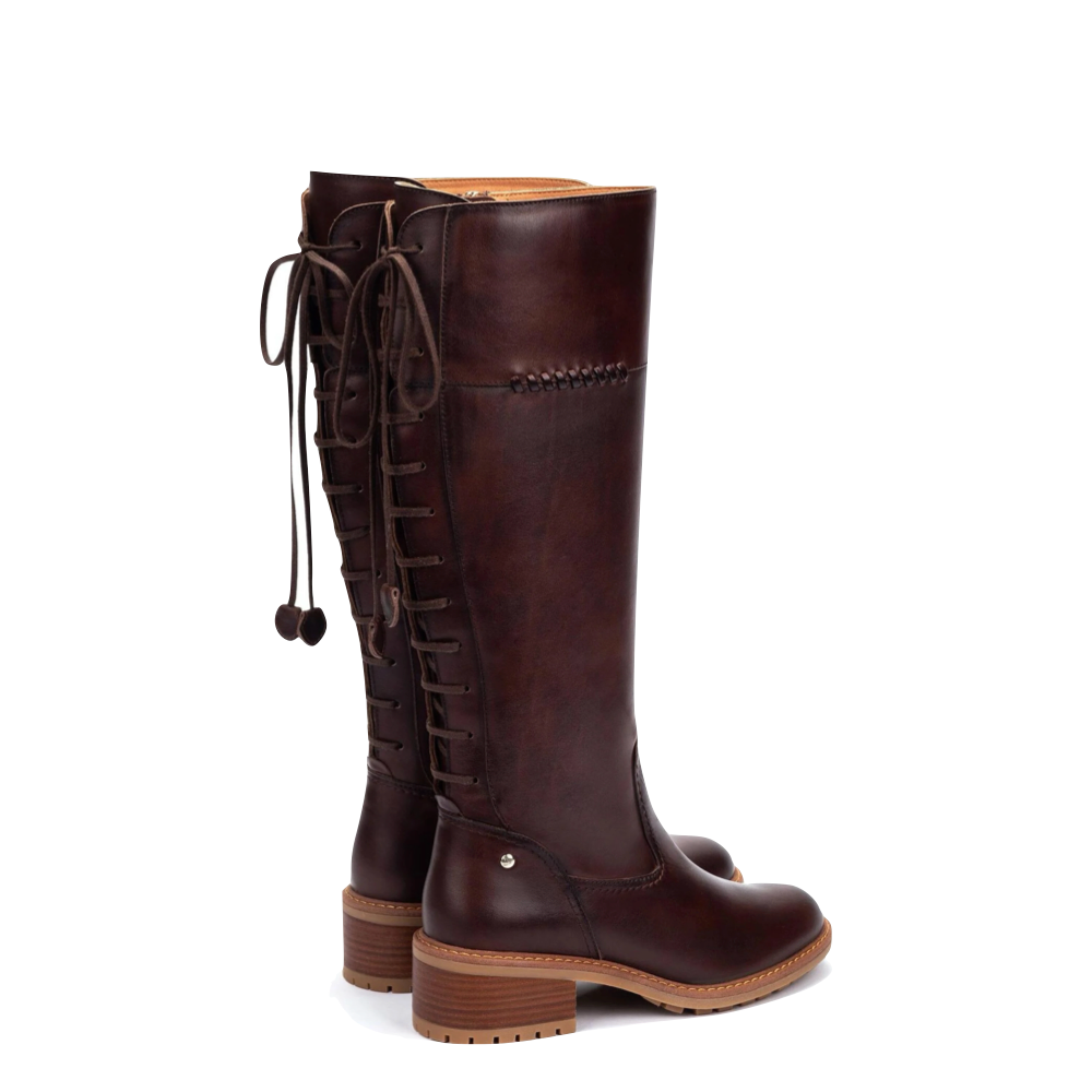 Heel view of Pikolinos Medina Tall Leather Heeled Back Lace Boot for women.