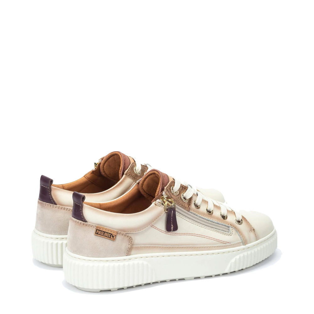 Heel view of Pikolinos Riells Platform Side Zip Leather Lace Sneaker for women.