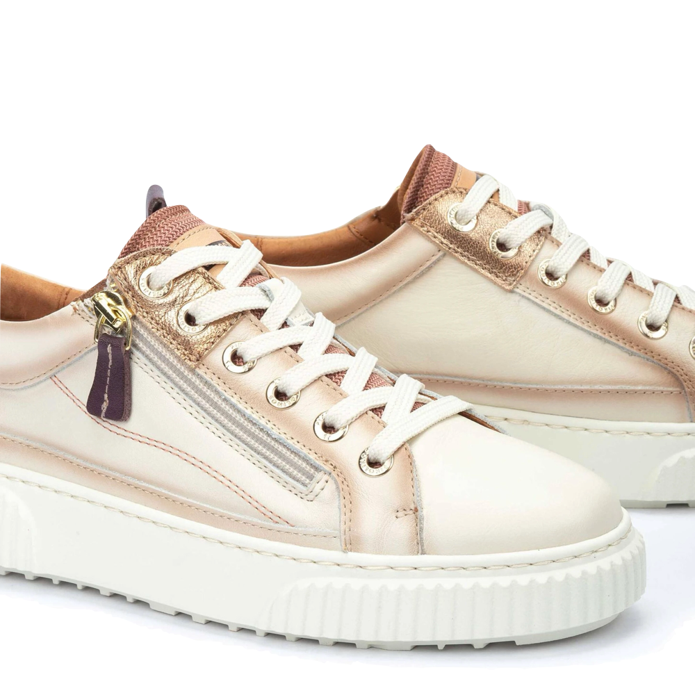 Detail view of Pikolinos Riells Platform Side Zip Leather Lace Sneaker for women.
