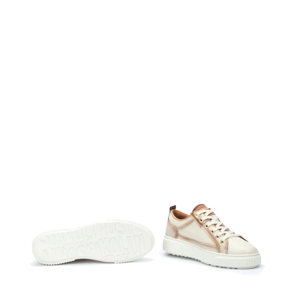 Bottom and side view of Pikolinos Riells Platform Side Zip Leather Lace Sneaker for women.