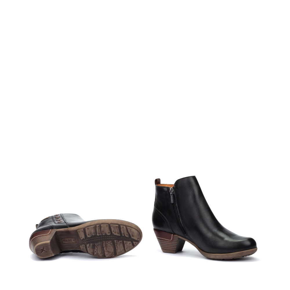 Bottom and side view of Pikolinos Rotterdam 25 Leather Side Zip Ankle Boot for women.