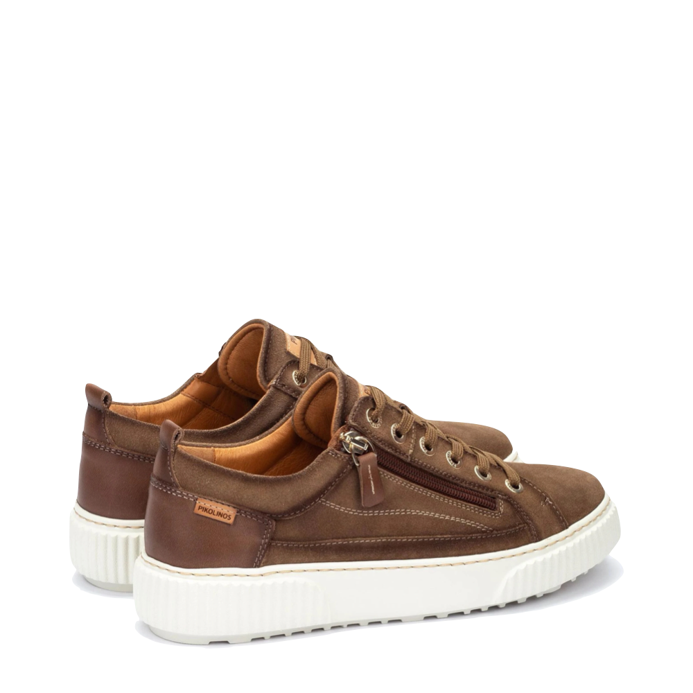 Heel view of Pikolions Riells Platform Side Zip Leather Lace Sneaker for women.