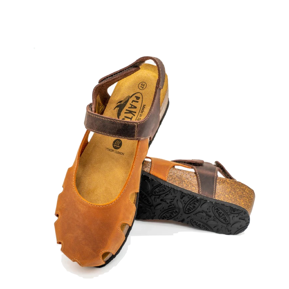 Top-down and bottom view of Plakton Amy Closed Toe Sandal for women.