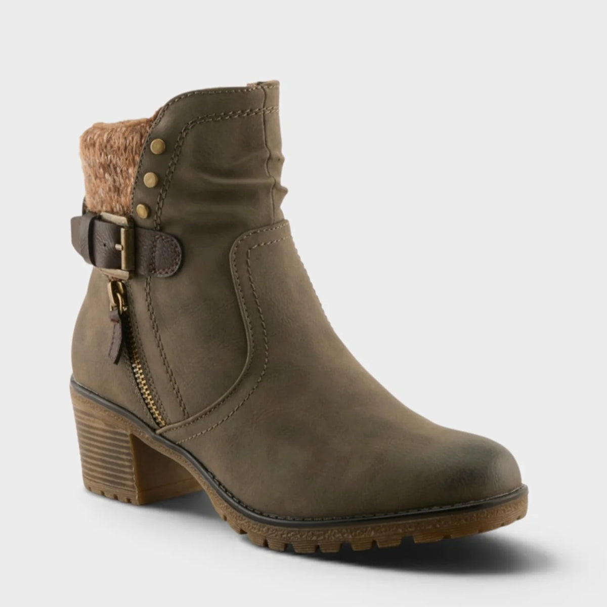 Spring Step Women's Rene Side Zip Heeled Sweater Cuff Boot in Olive Green