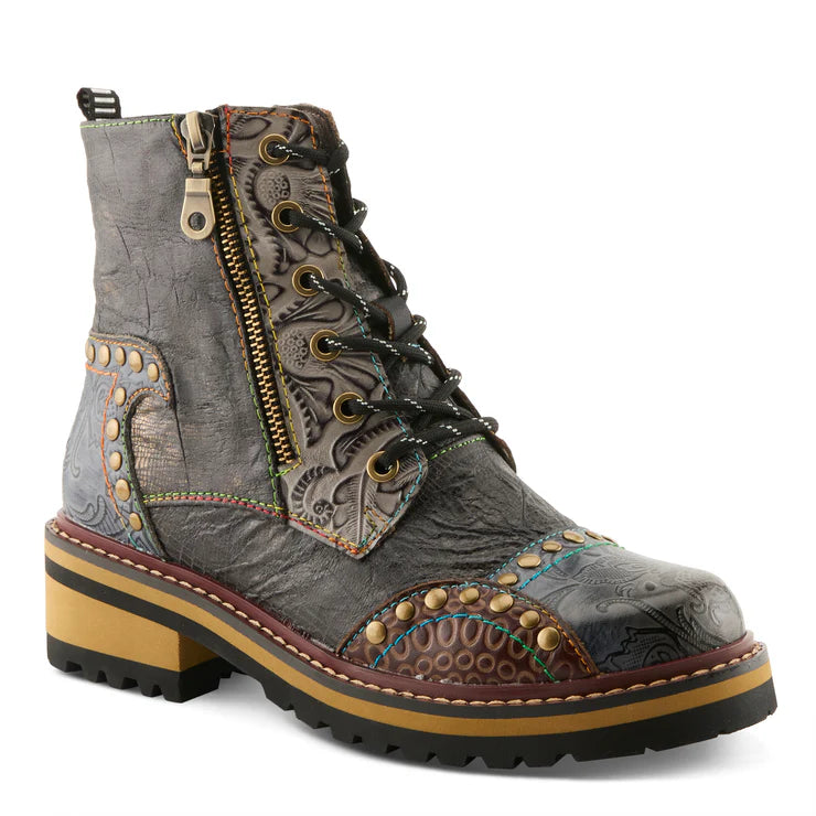 Spring Step Women's Rugup Studded Side Zip Lace Boot in Slate Multi