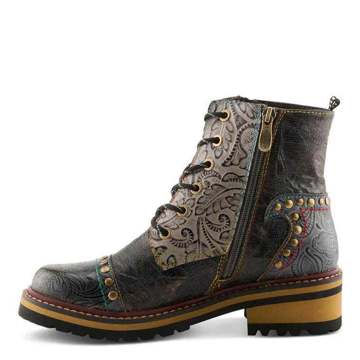 Spring Step Women's Rugup Studded Side Zip Lace Boot in Slate Multi