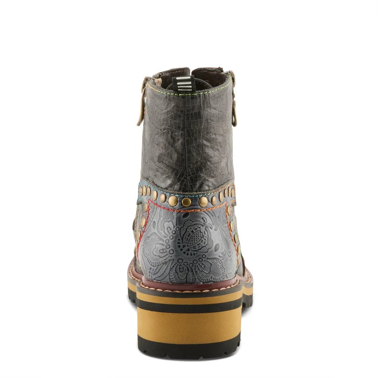 Spring Step Women's Rugup Studded Side Zip Lace Boot in Slate Multi