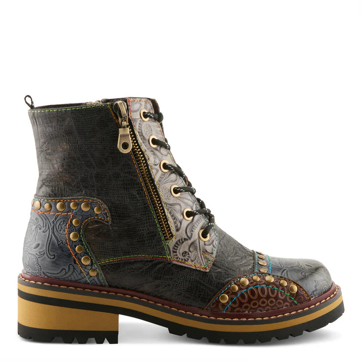 Spring Step Women's Rugup Studded Side Zip Lace Boot in Slate Multi