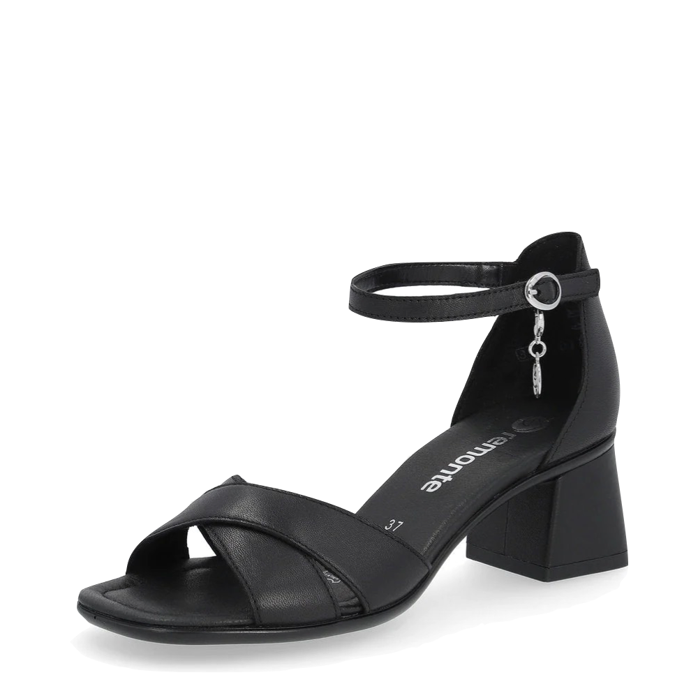 Toe view of Remonte Dorian 50 Black Heel Sandal for women.