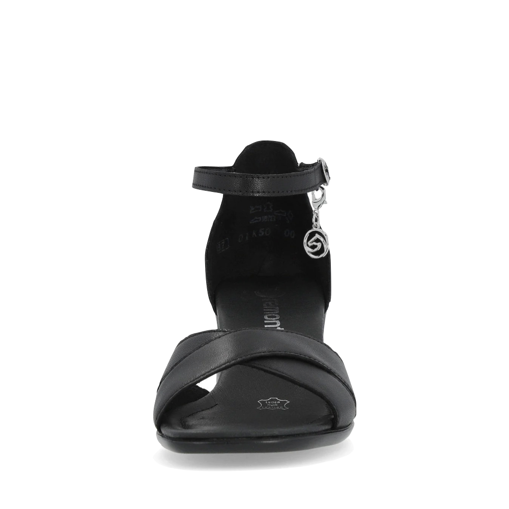 Front view of Remonte Dorian 50 Black Heel Sandal for women.