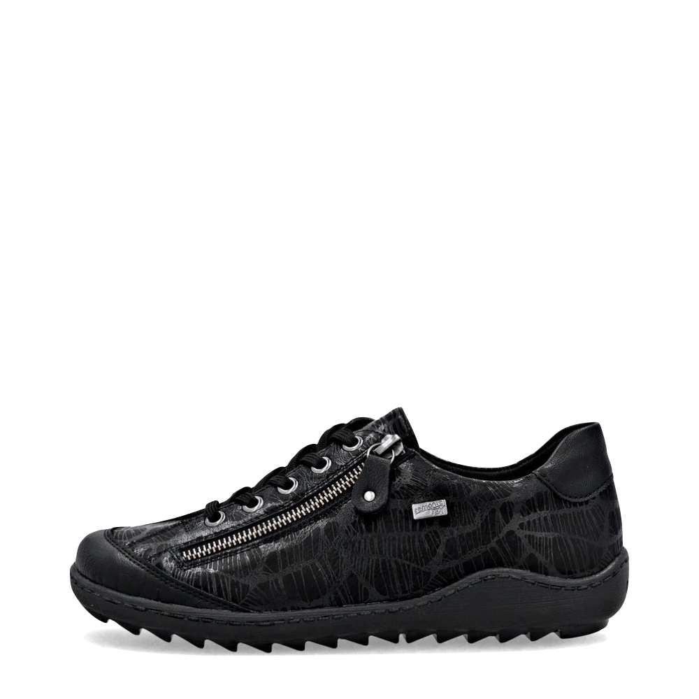 Side (left) view of Remonte Liv 02 Side Zip Waterproof Lace Sneaker for women.