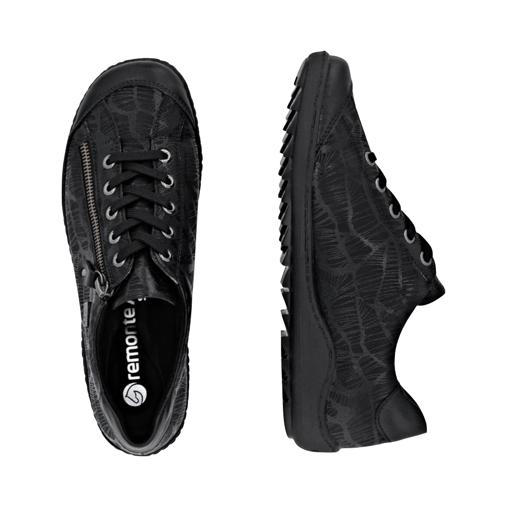 Top-down and side view of Remonte Liv 02 Side Zip Waterproof Lace Sneaker for women.