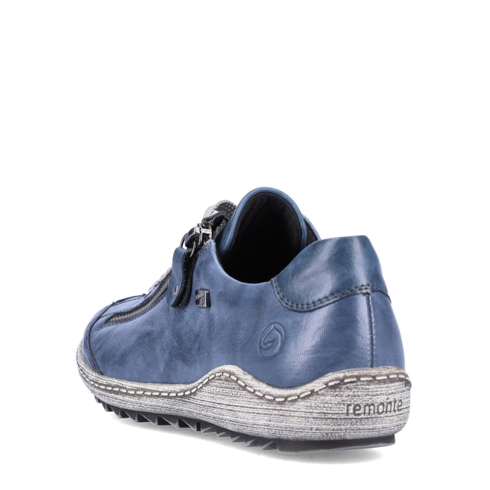 Heel view of Remonte Liv 02 Waterproof Side Zip Leather Lace Sneaker for women.