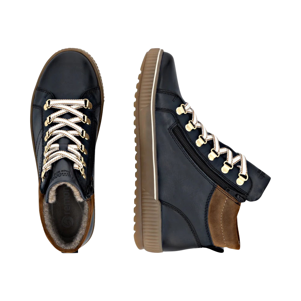 Top-down and side view of Remonte Maditta 81 Mid Side Zip Lace Waterproof Boot for women.