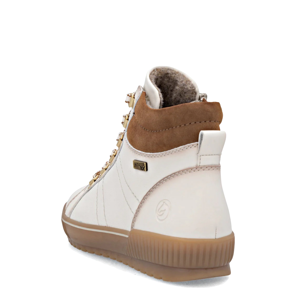 Heel view of Remonte Maditta 81 Side Zip Lace Waterproof Boot for women.