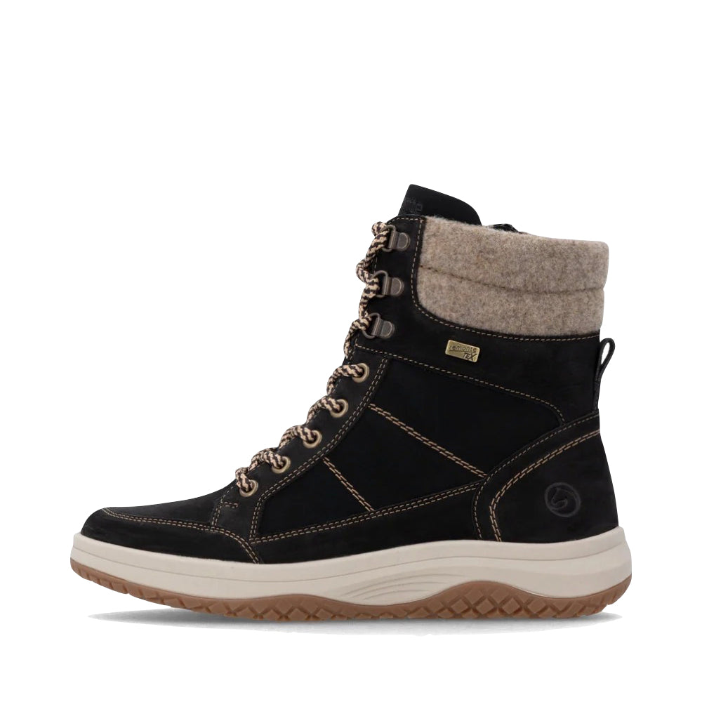 Side (left) view of Remonte Maditta Q72 Mid Side Zip Waterproof Lace Boot for women.