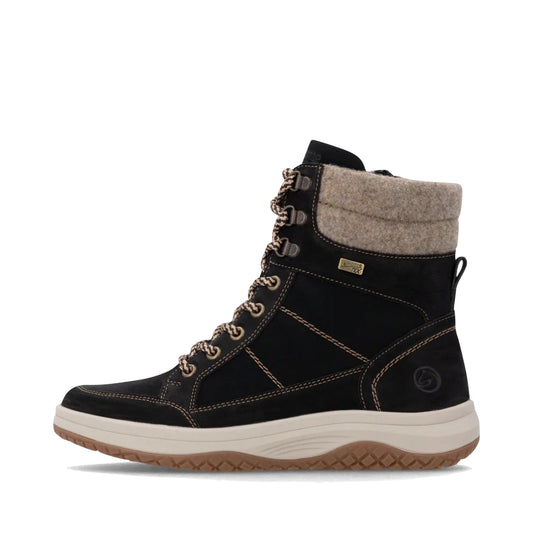 Side (left) view of Remonte Maditta Q72 Mid Side Zip Waterproof Lace Boot for women.