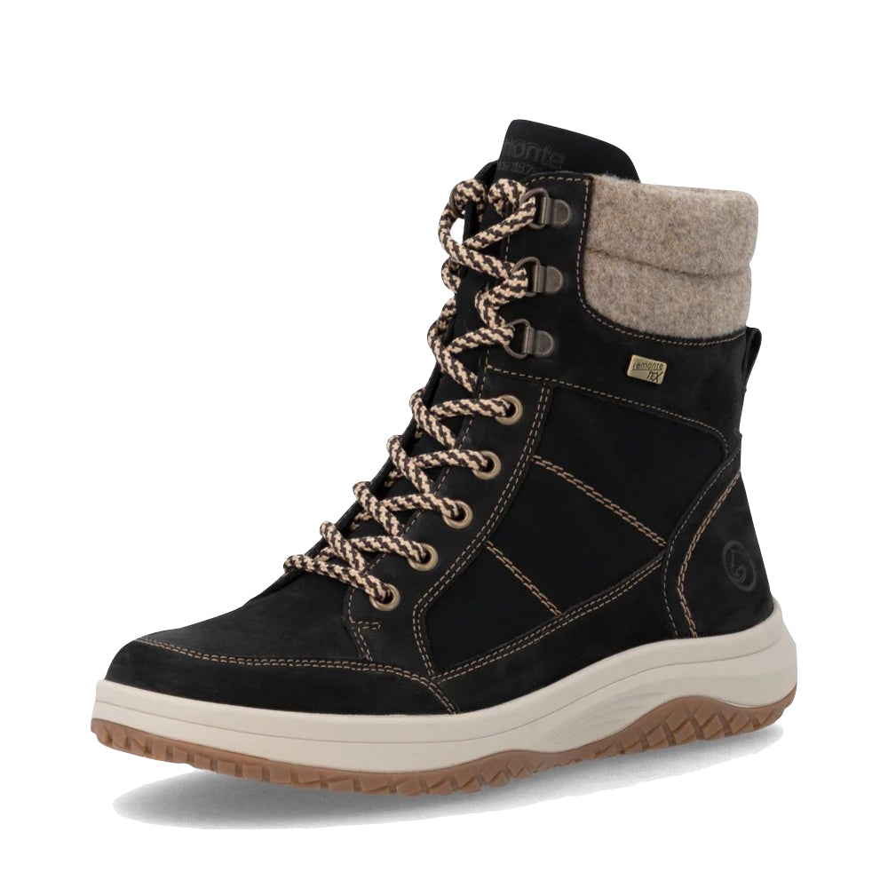 Mudguard and Toe view of Remonte Maditta Q72 Mid Side Zip Waterproof Lace Boot for women.