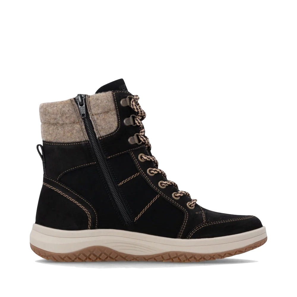 Side (right) view of Remonte Maditta Q72 Mid Side Zip Waterproof Lace Boot for women.