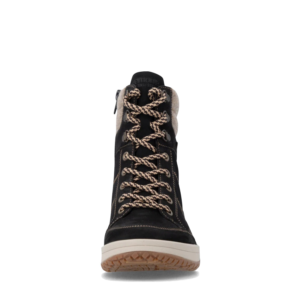 Front view of Remonte Maditta Q72 Mid Side Zip Waterproof Lace Boot for women.