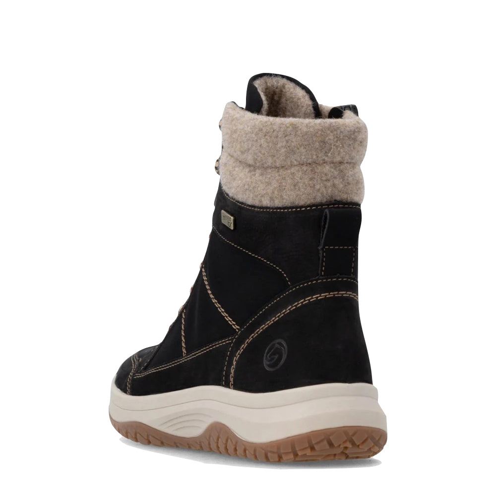 Heel view of Remonte Maditta Q72 Mid Side Zip Waterproof Lace Boot for women.