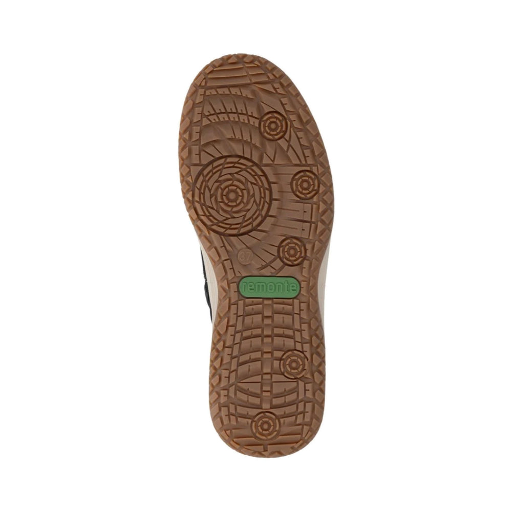 Bottom view of Remonte Maditta Q72 Mid Side Zip Waterproof Lace Boot for women.