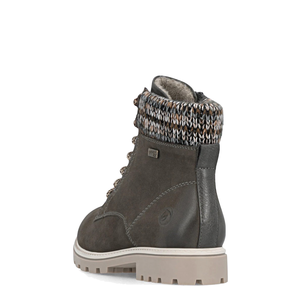 Heel view of Remonte Samira 87 Side Zip Waterproof Lace Boot for women.