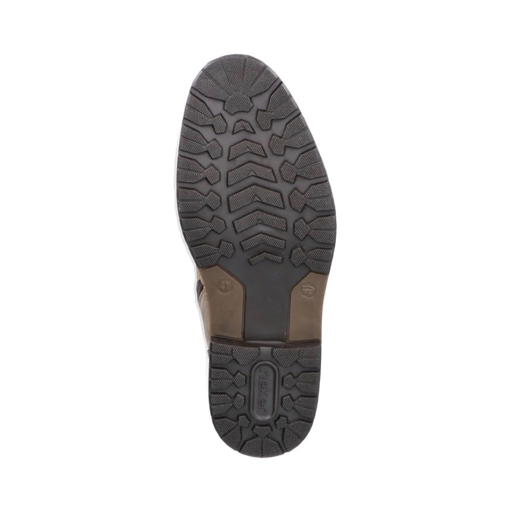 Bottom view of Rieker Dimitri 44 Side Zip Lace Suede Boot for men.
