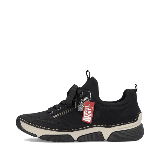 Side (left) view of Rieker Angela 73 Side Zip Lace Sneaker for women.