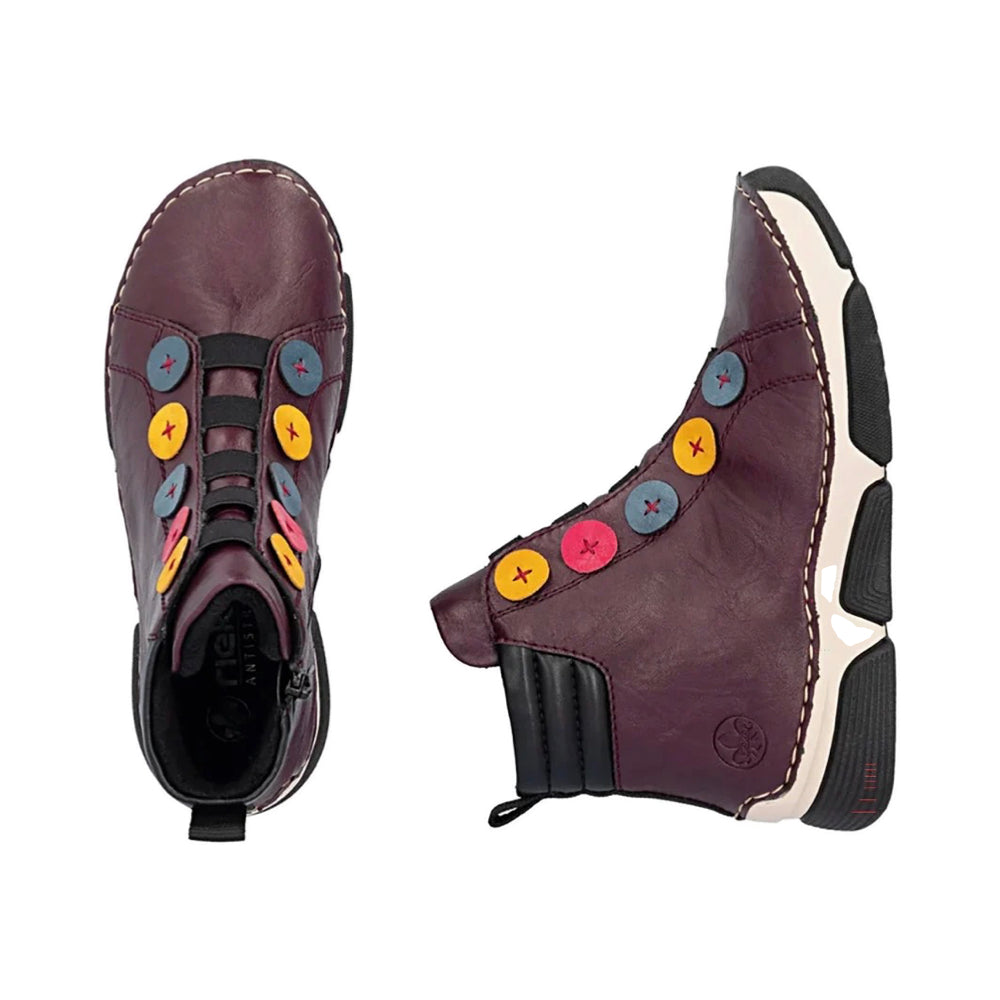 Top-down and side view of Rieker Angela 77 Side Zip Boot for women.