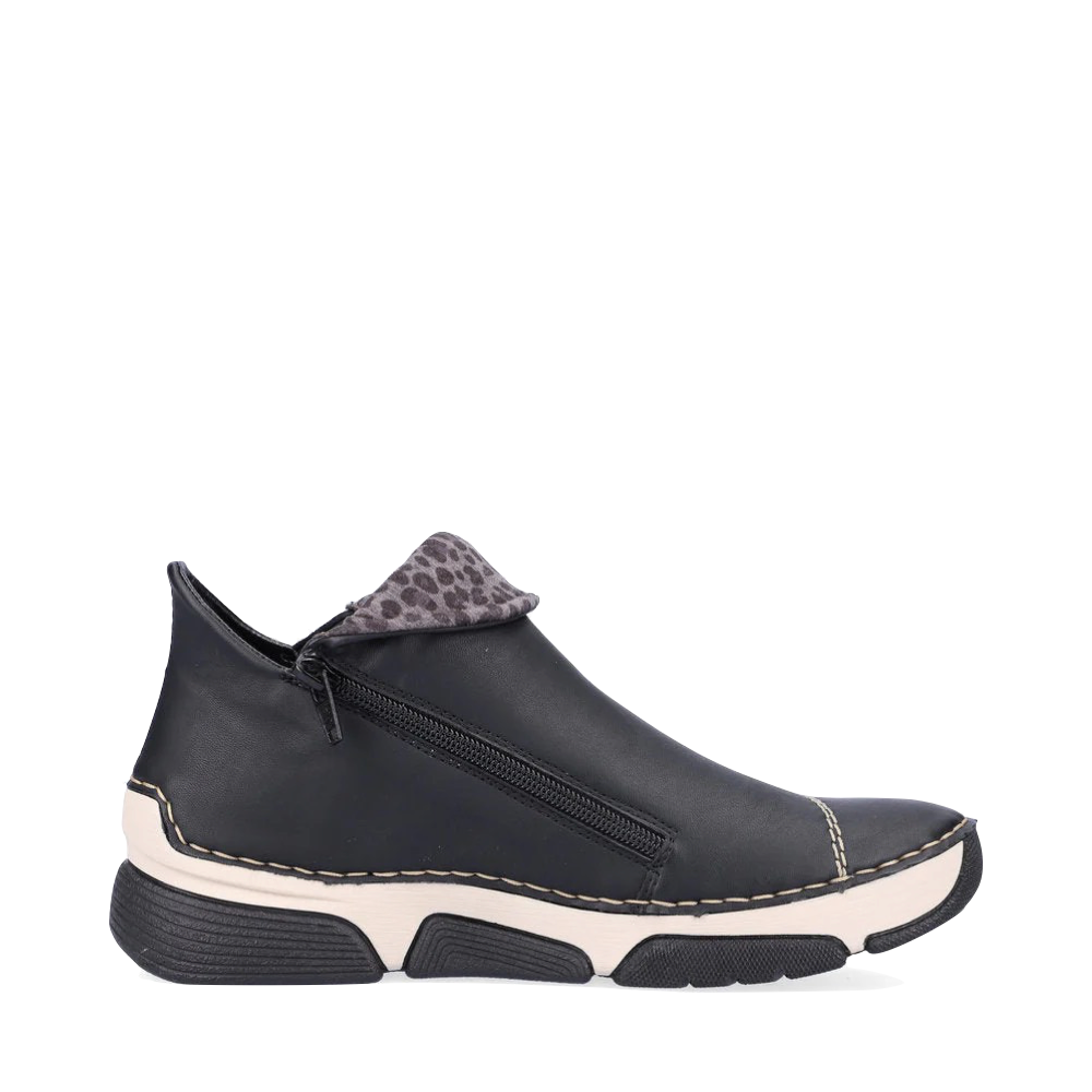 Side (right) view of Rieker Angela 83 Side Zip Low Boot for women.